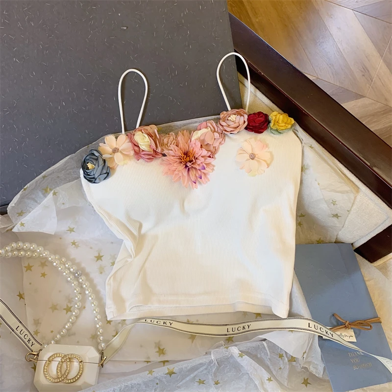 

Sexy Spicy Strapless Vest Women's Summer New Style Sweet And Hot 3D Flower Clip Marking Removed Trendy Tube Top Bralette