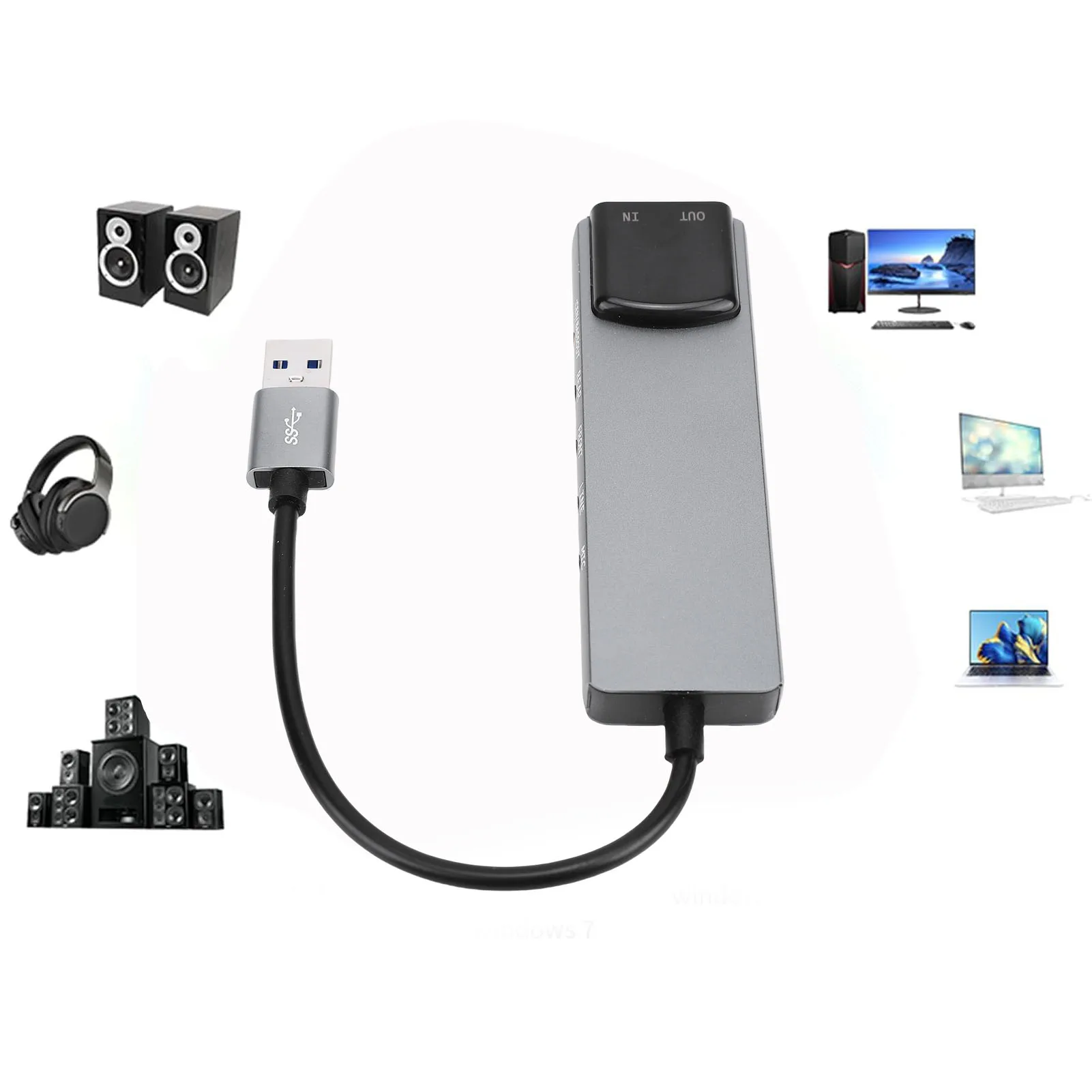 7.1 USB Surround Sound Card with SPDIF Digital Sound High Resolution Music External Sound Card for Laptop PC Silver