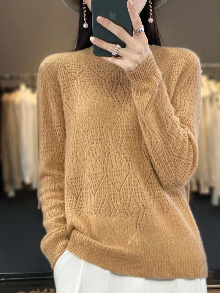 2024 New Design Spring Hollow Out Knitwear Meirno Wool Sweater Women Cashmere Sweater O-Neck Knitted Clothing Top