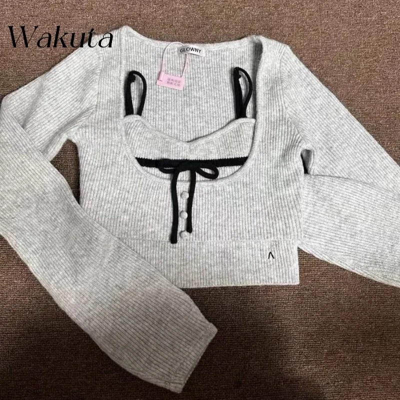 WAKUTA Japanese Pure Desire Bow Tie Camisole Knit Jumpers Sexy Fall Versatile Streetwear Long-sleeved Sweaters 여성 반팔 니트 Свитер