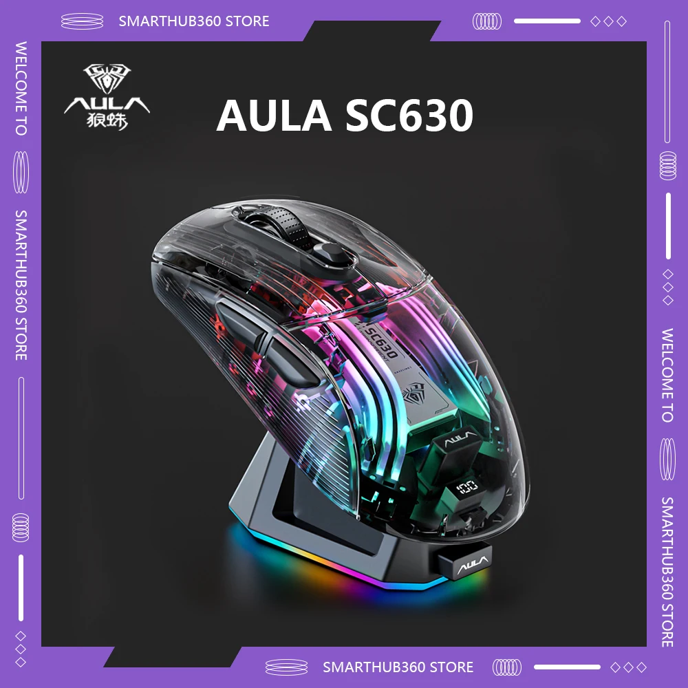 AULA SC630 PAW3212 E-sports Mouse Tri- Mode Wired Bluetooth Wireless Mice Electric Quantity Display Charging Base Custom Mice