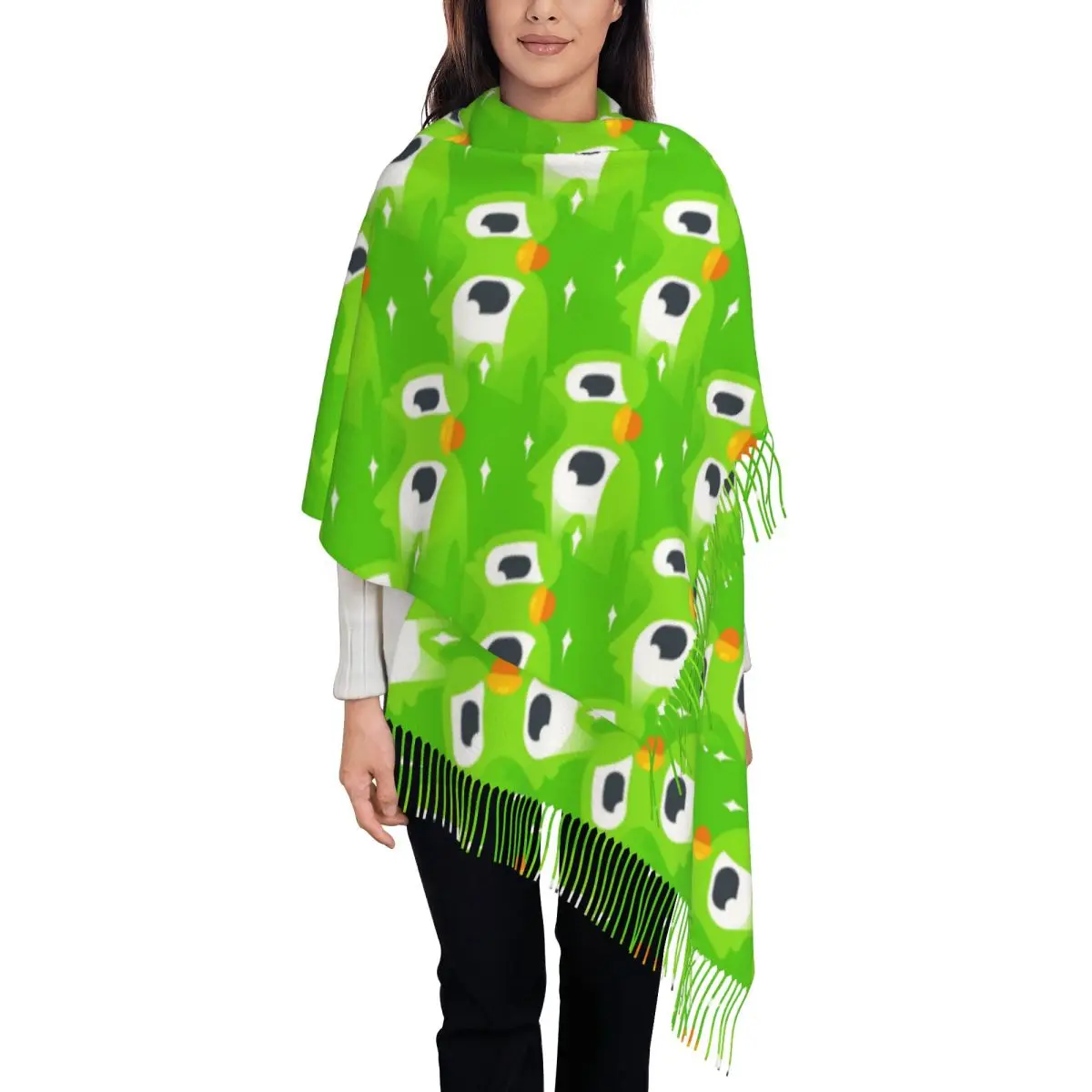 

OwI Duo Big Green Eyes Duolingo Tassel Scarf Women Soft Shawls Wraps Lady Winter Fall Scarves