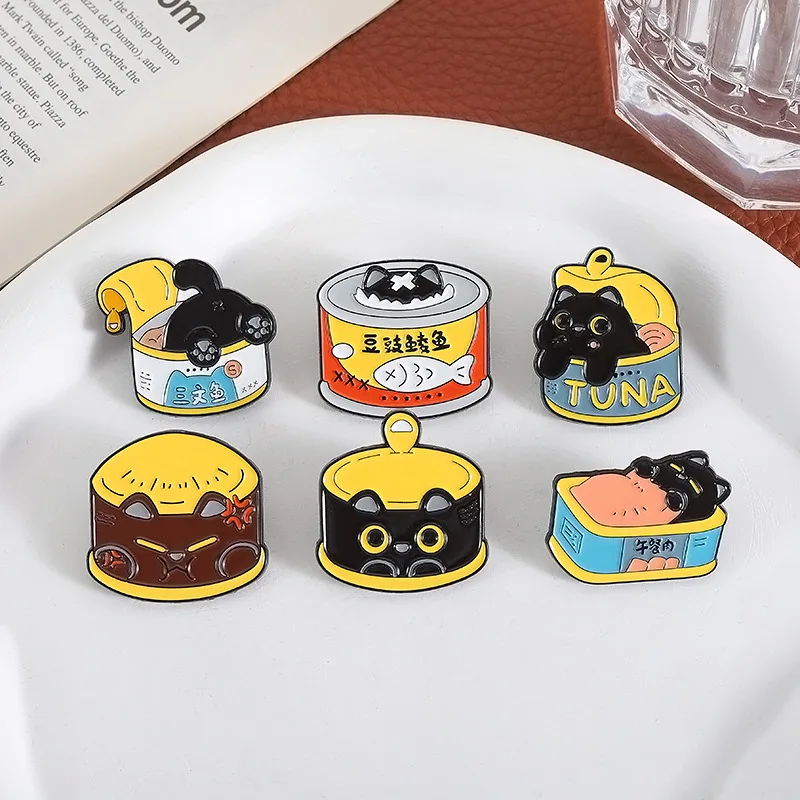 

Cute Black Cat Canned Metal Brooch Lapel Pins Luncheon Meat Salmon Bean Sauce Mackerel Cartoon Funny Cat Can Punk Badge Jewelry