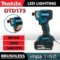 Makita 18V LXT Cordless Impact Driver DTD173 Brushless Electric Drill Screwdriver Wood/Bolt T1/T2-Mode Twin LED Light 180 N·m