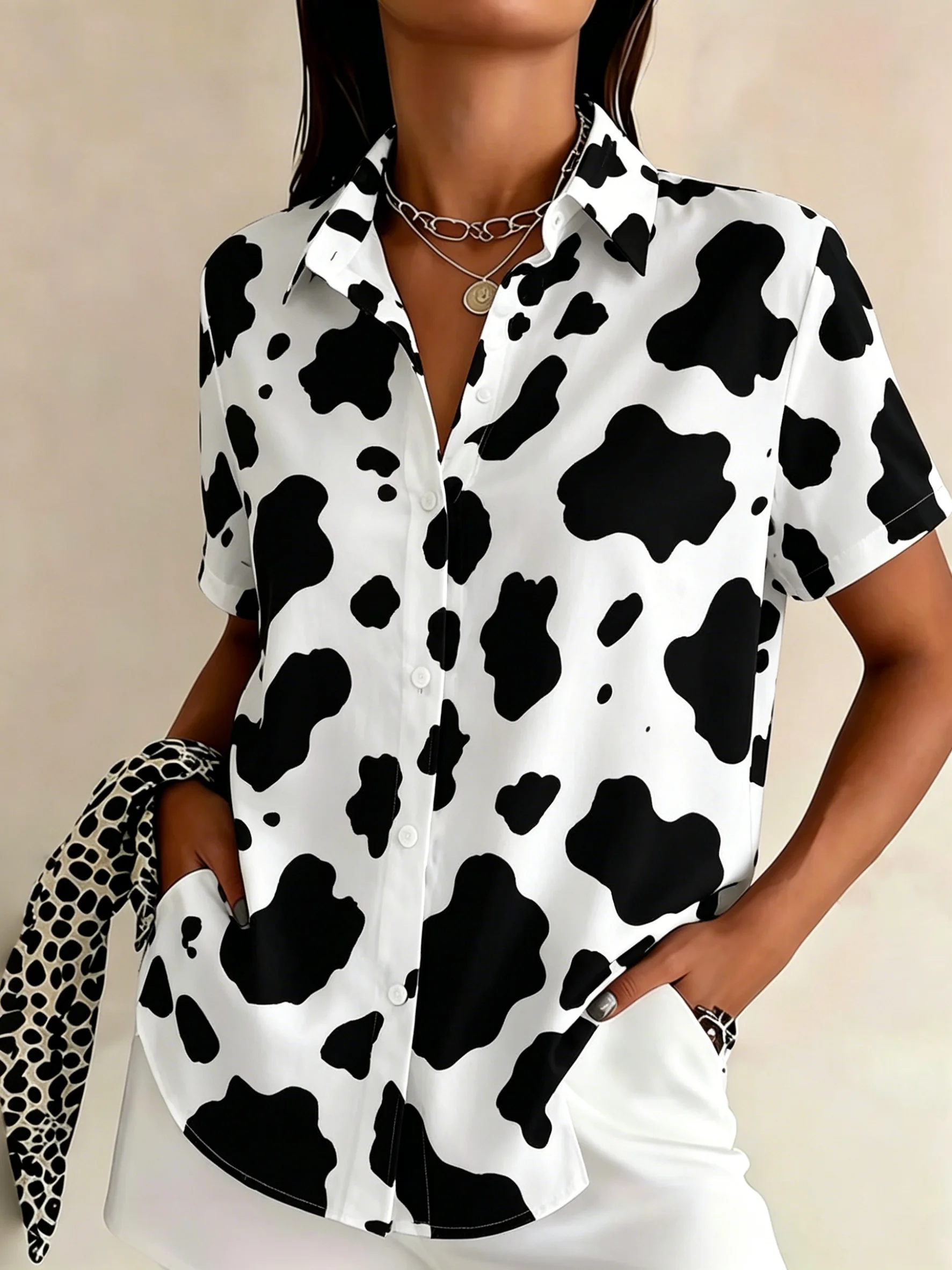 

Women's Spring Summer Lapel Shirt, Classic Black White Cow Spot Animal Print Casual Tops for Daily Street Holiday Outfit