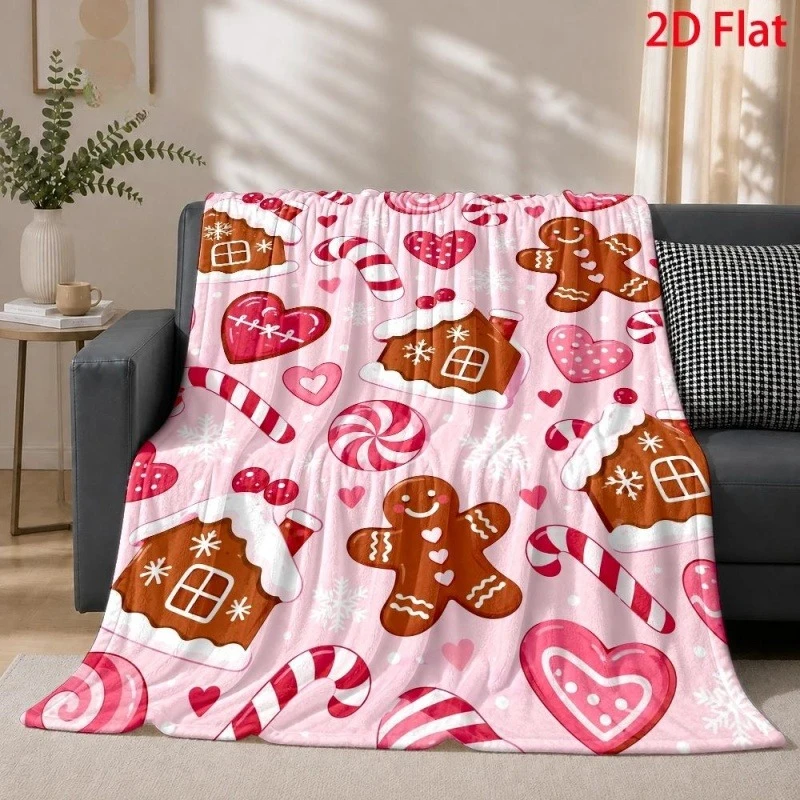 Pink Gingerbread House Cookie Print Throw Blanket, Candy Cane Heart Pattern Festive Sofa Throw Blanket