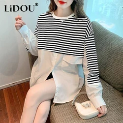 Spring Autumn Round Neck Vintage Striped Patchwork Skit T-shirt Female Loose Casual All-match Sweatshirt Top Women Pullover Tee