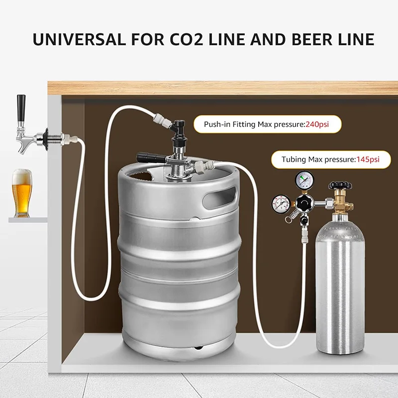 Beer Line Tubing 1.5M Eva Hose 3/8’’OD Quick Connector Push in Fittings Co2 Gas Line Assembly For Ball Lock Beer Keg Coupler