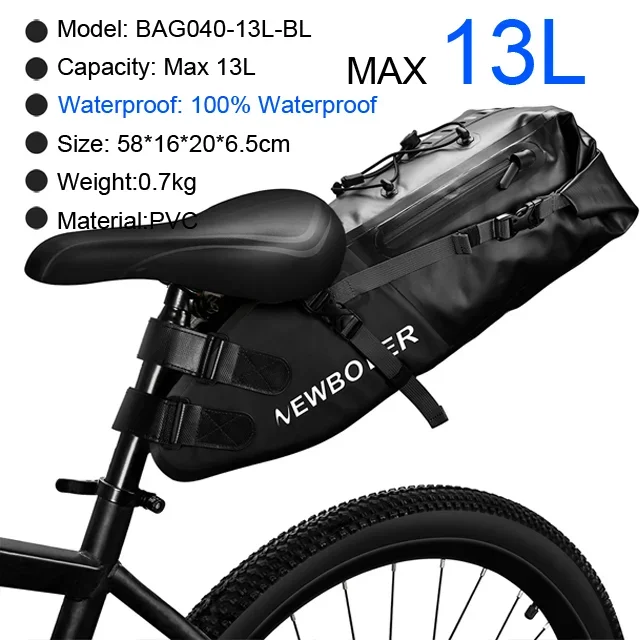 NEWBOLER Fietszadeltas Waterdichte MTB Wegfiets 10L Grote Capaciteit Fietstas Opvouwbare Staart Achtertas Kofferbak Accessoires