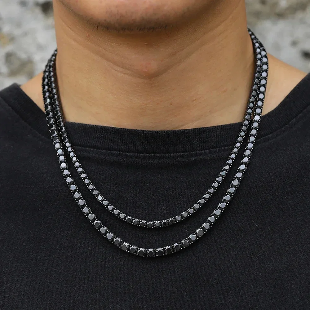 

Real 4mm 5mm Black Full Tennis Necklace For Women and Men Neck Chain Plate 18K Gold Fine Jewelry