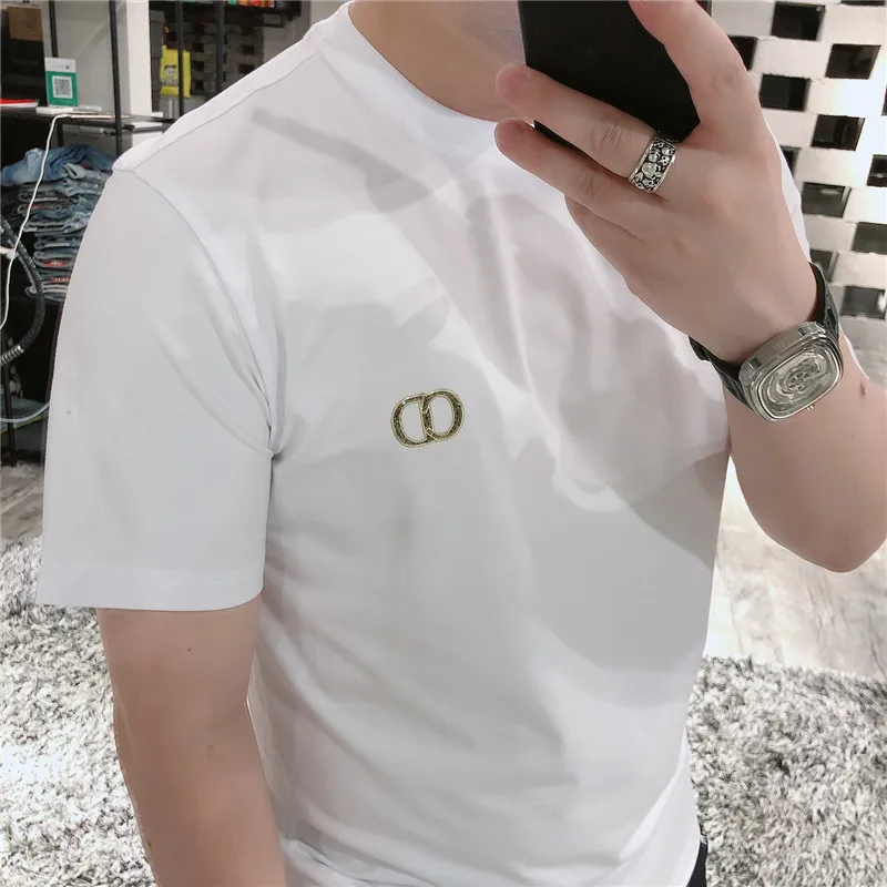 2024 estate nuovo marchio di moda da uomo T slim crystal diamond bronzed cotone mercerizzato versatile semplice T-shirt manica corta da uomo