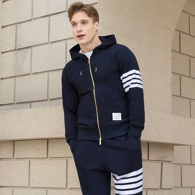 

Trendy Cotton Hoodie Sweatirt ex Spring Autumn Casual Open Cardigan Jaet Four Stripes Pattern Couple Matching Wear