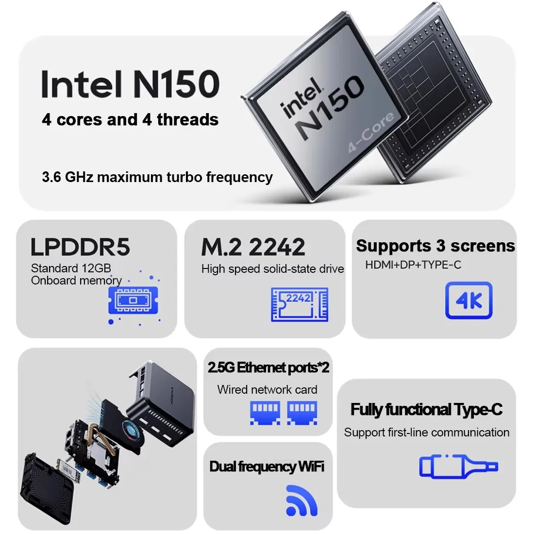 AOOSTAR N1 Pro Mini PC Intel N150 Windows 11 Pocket Mini PC 12GB DDR5 Full-featured Tpye-C 4K 60Hz 2.5G LAN*2 Pocket Computer