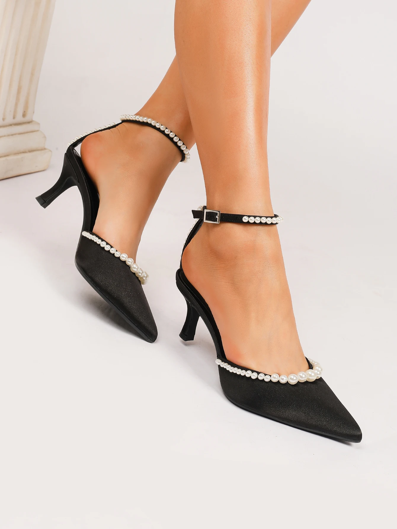 WOMEN BLACK SATIN PEARL ANKLE STRAP KITTEN HEEL SANDALS POINTED TOE SLINGBACK PUMPS BRIDAL WEDDING EVENING PARTY SHOES view 6