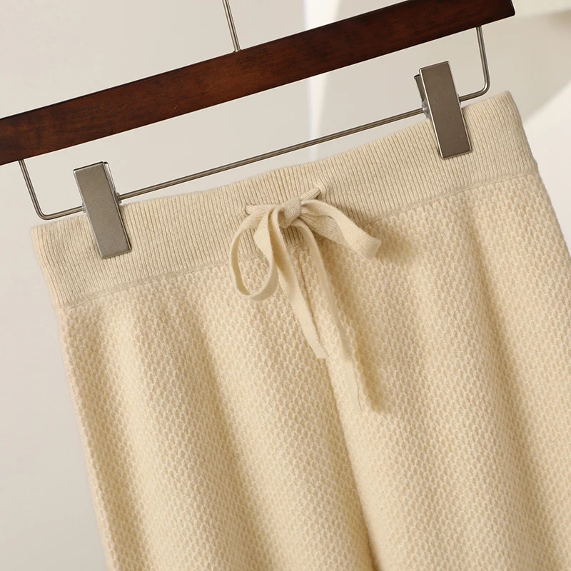 ผู้หญิงแคชเมียร์กางเกงขากว้างฤดูใบไม้ร่วงฤดูหนาว Basic Soft Casual Sashes กางเกงขนสัตว์ Merino 100% เสื้อถักรังผึ้งเข็มกางเกง
