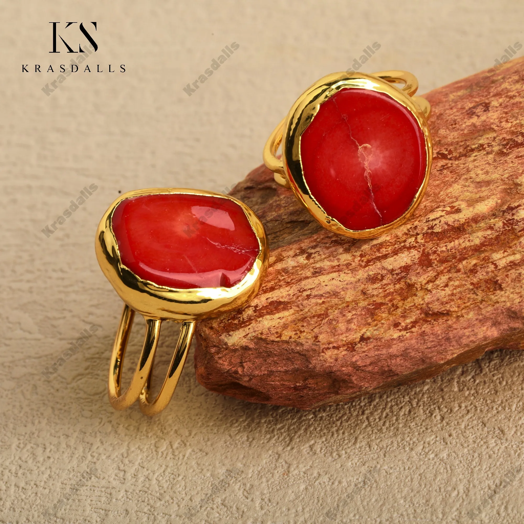 18K Gold Plated Copper Rings Red Coral Bezel Sits Comfortably on Fingers Stylish Statement Ring