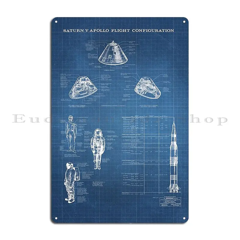 Apollo Saturn V Command Module Blueprint In High Resolution Light Blue Metal Plaque Poster Character Create Club Tin Sign Poster