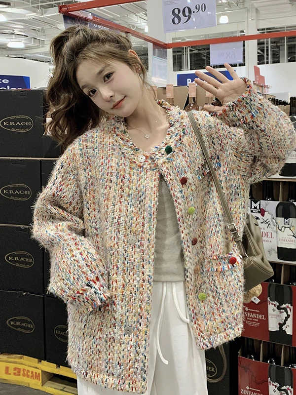 محبوك تويد Jaet المرأة الحلو Sle ort ملابس خارجية الخريف 2025 Faion الاتجاه زر التفاصيل ألياف البوليستر #2