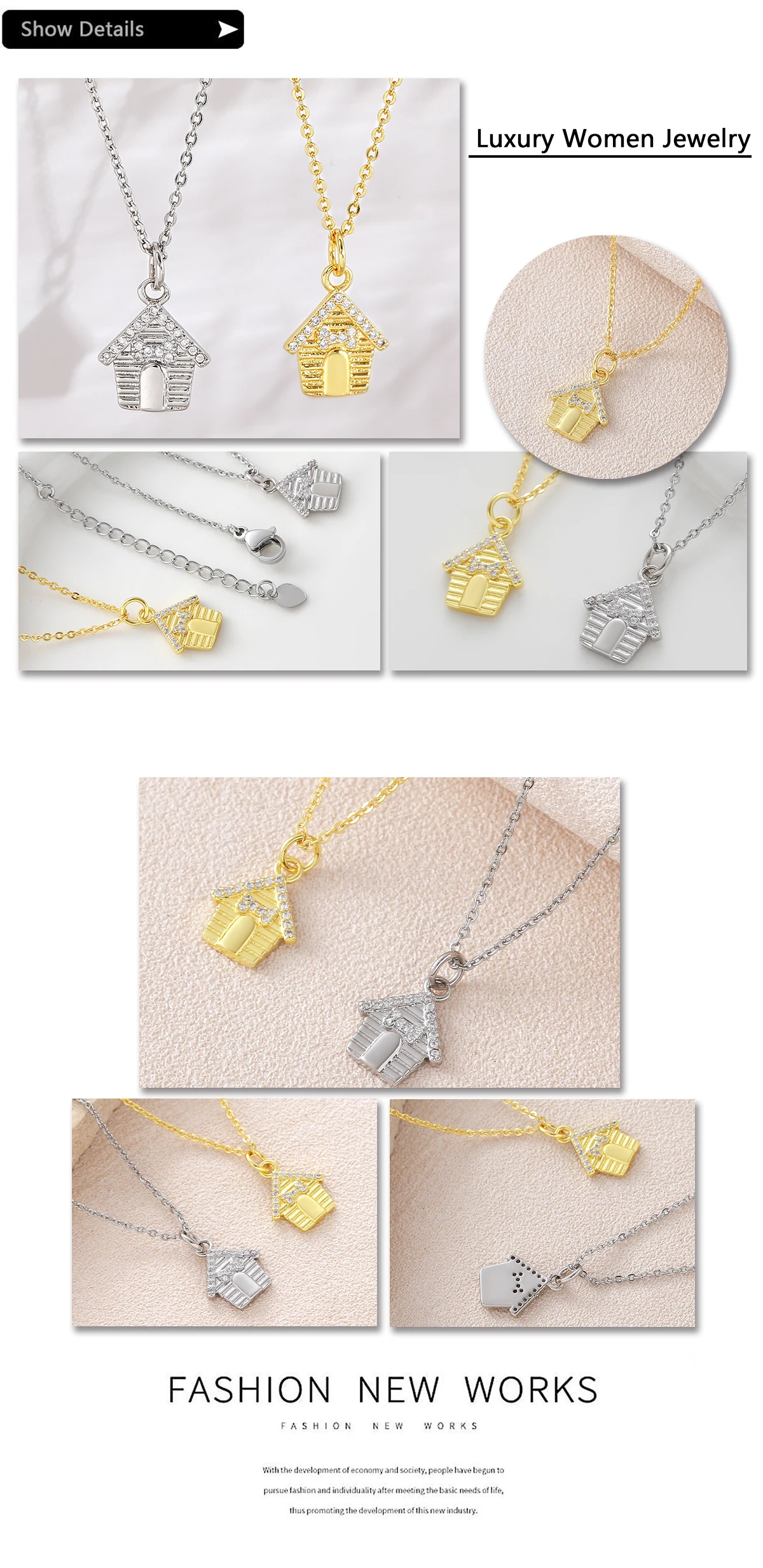MHS.SUN Halsketten mit eingelegtem kubischem Zirkon in Hausform für Damen und Herren, schlicht, vergoldet, vielseitiger Alltagsschmuck, Geschenke – Detail 16
