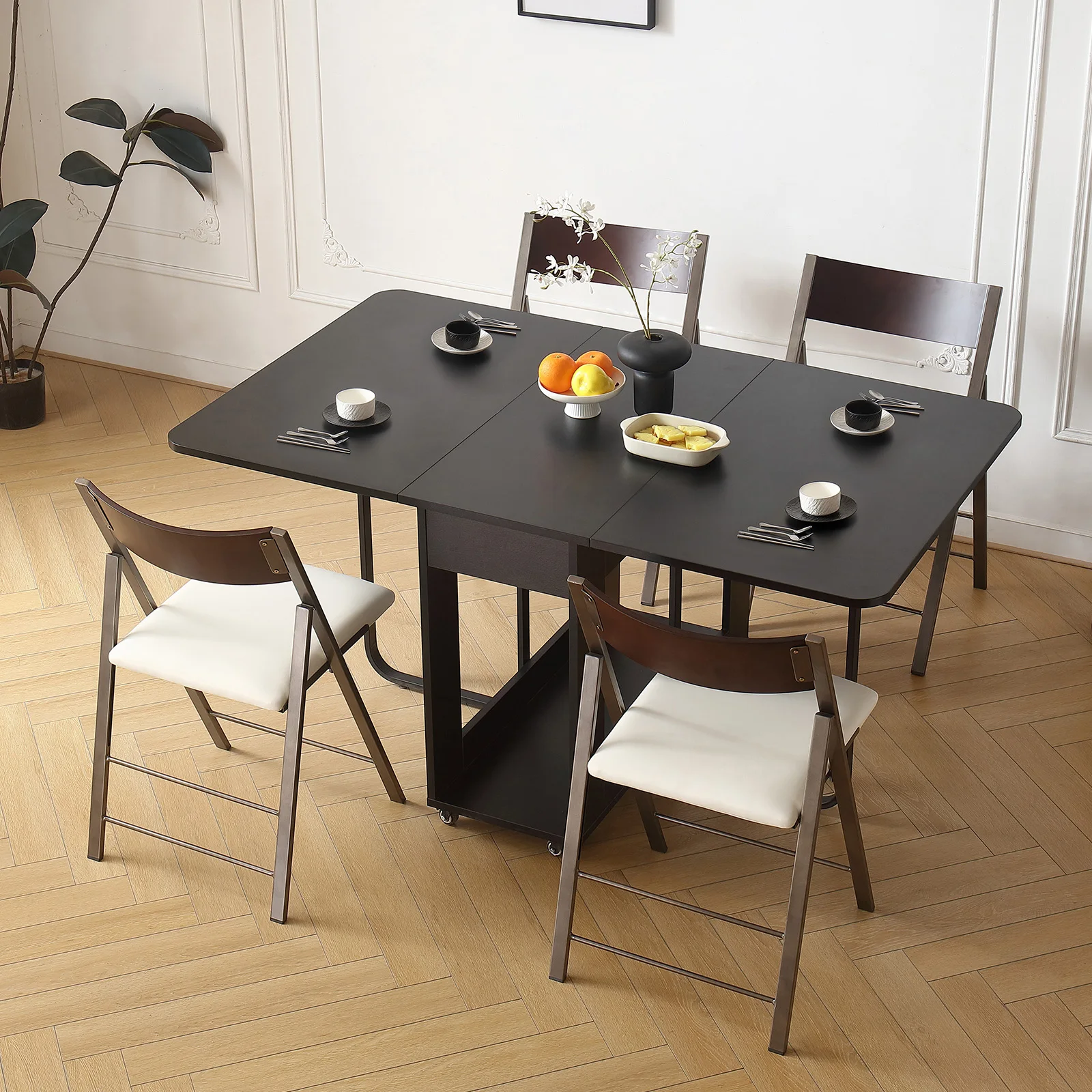 Movable Folding Dining Table with Storage Rack and 2 Drawers Extendable Versatile Kitchen Table and Steel Folding Dining Chairs