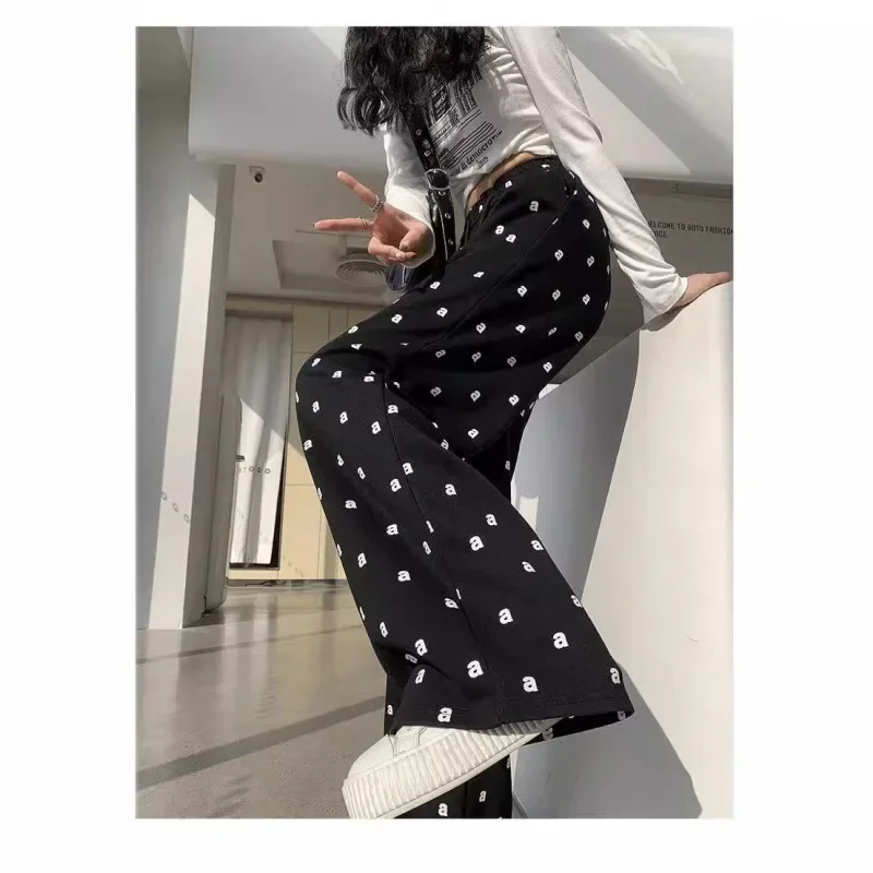 

Pop Loose Elastic Waist Wide Leg Casual Pants Women's Spring New Style Slimming Sports Trousers Vintage Letter Print Comfortable