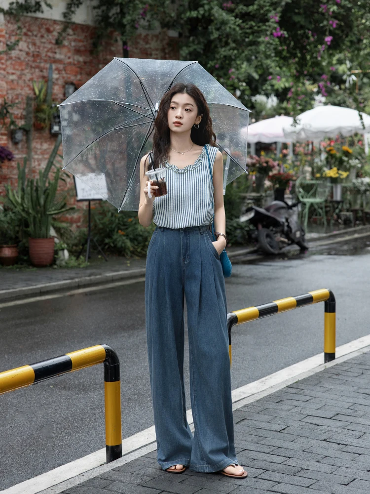 

Синие джинсы с высокой талией, свободные, плиссированные, в пол, женские модные летние прямые джинсы