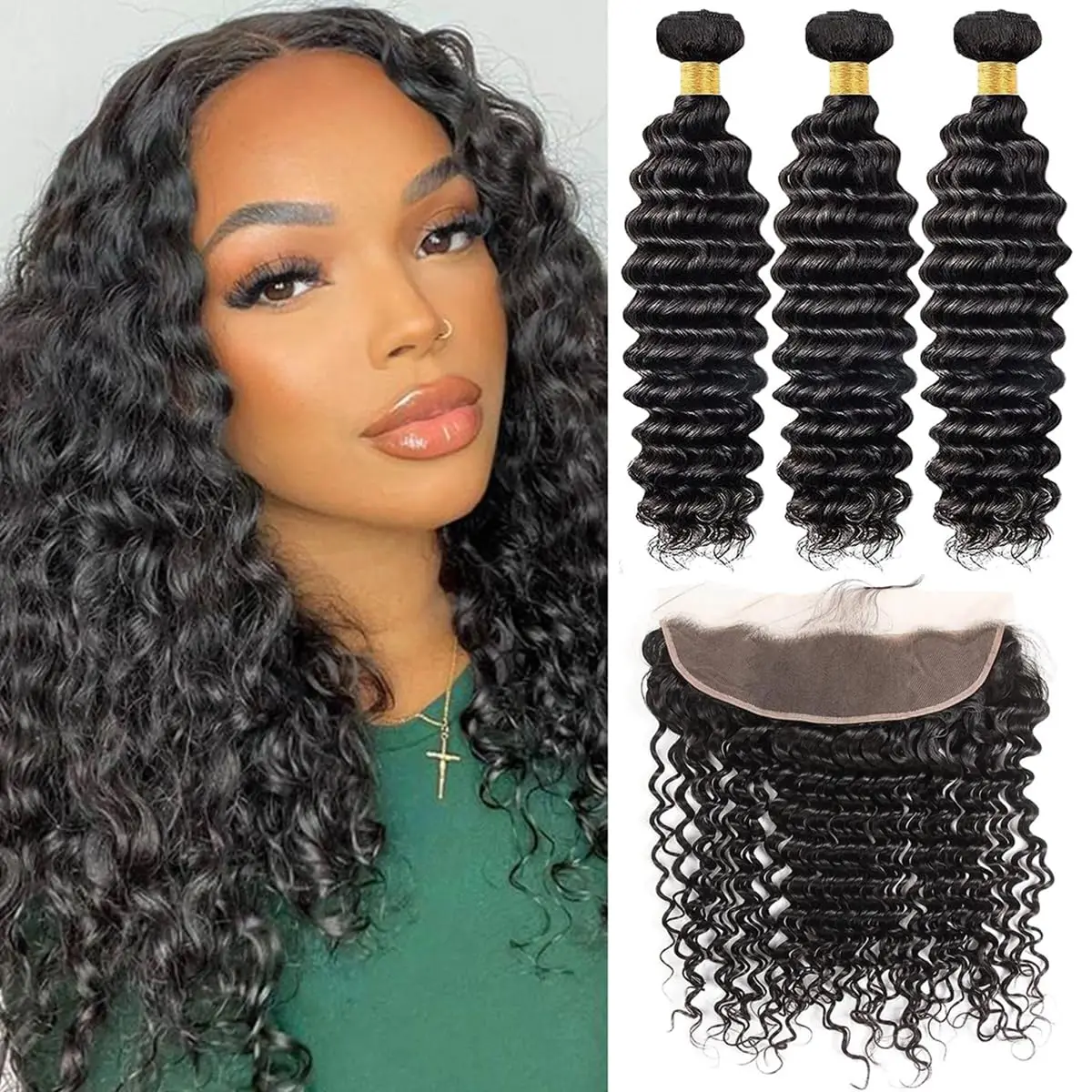 28 30 32 Inch Deep Wave Bundles with 13x4 HD Lace Brazilian Remy Hair Bundles for Black Women Lace Closure Bundles