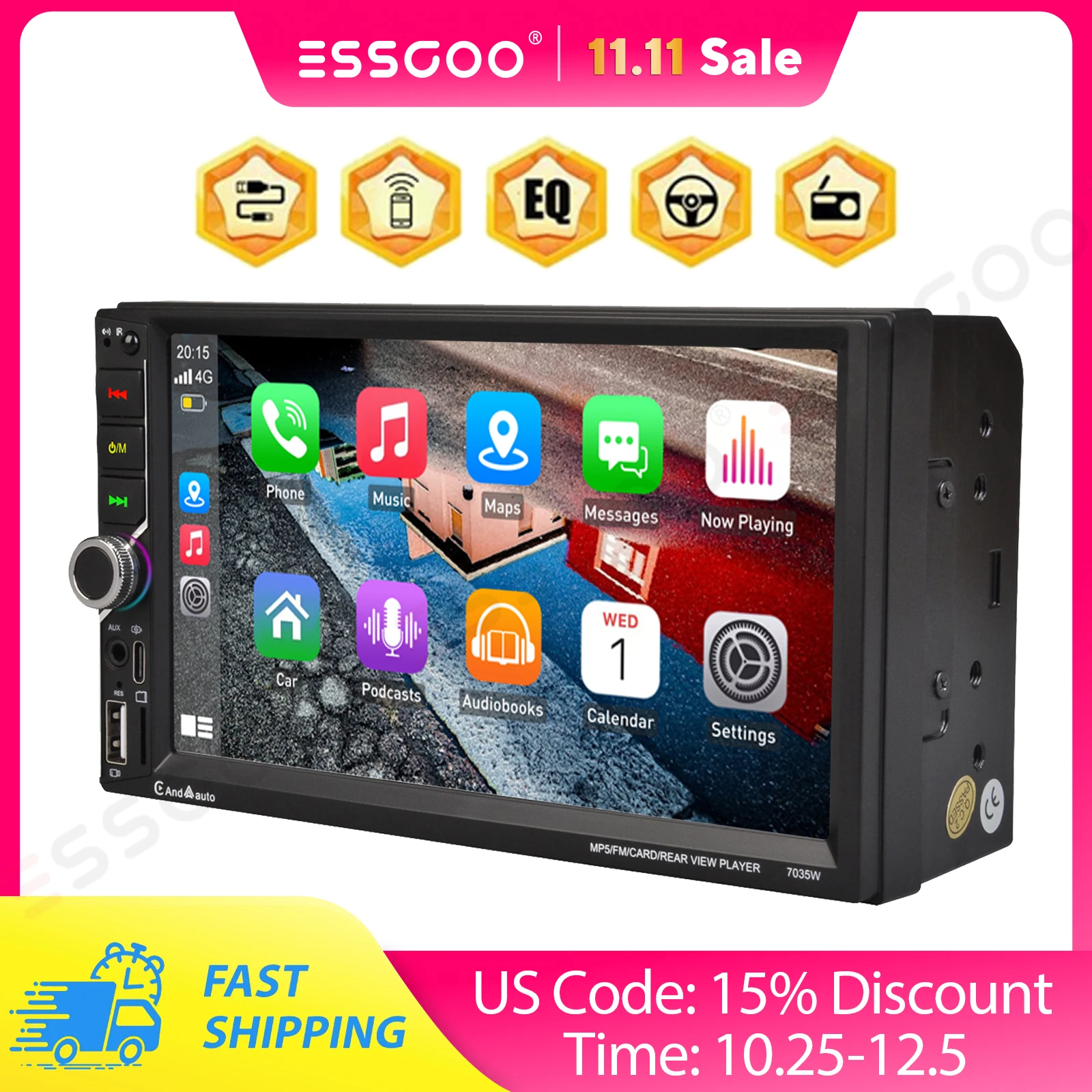 راديو ستيريو للسيارة مزدوج 2 Din مقاس 7 بوصات Apple CarPlay وAndroid Auto USB/TF Mirrorlink SWC شاشة تعمل باللمس بلوتوث DSP FM/RDS + MIC وكاميرا