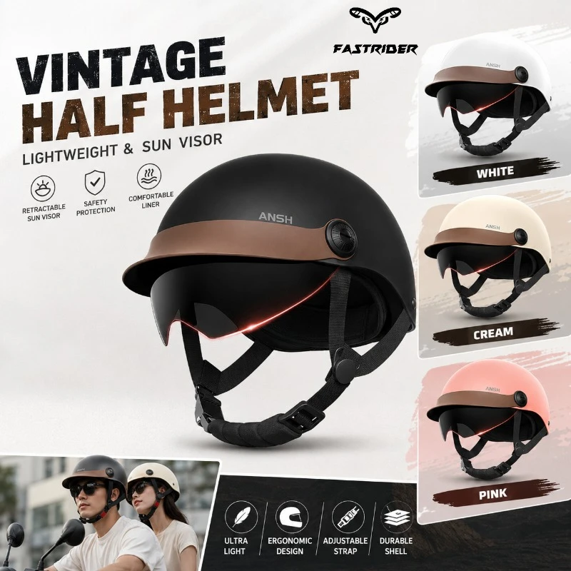 ヴィンテージバイク用ハーフヘルメット、軽量レトロスクーターヘルメット、サンバイザー付き、男女兼用、電動バイクの日常走行用