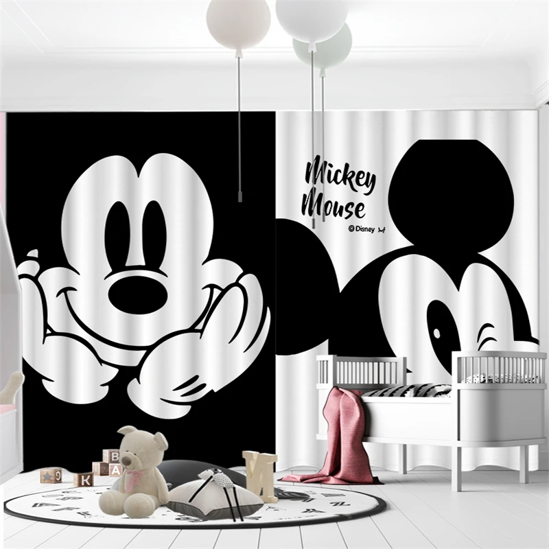 MINISO Curtains Cartoon Black and White Mickey Mouse Full Blackout Children\'s Room Curtains Bedroom Soundproof Sunshade Cute