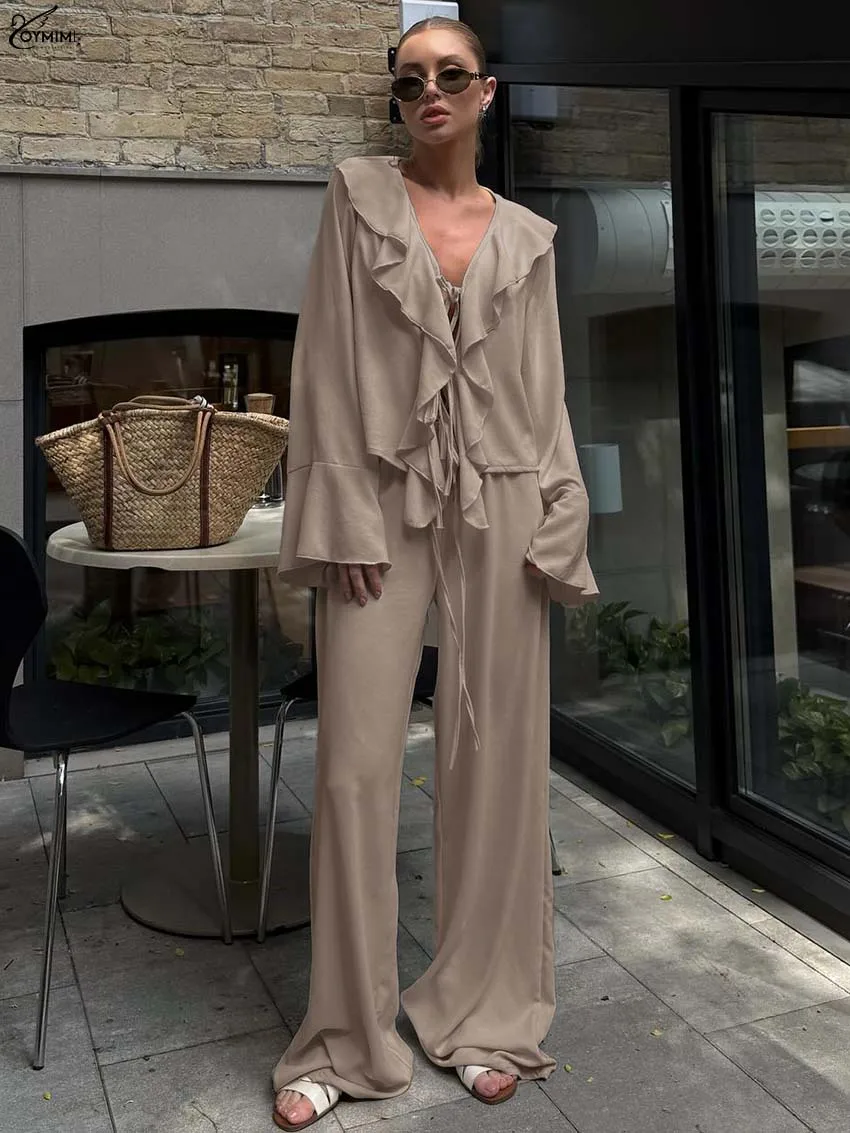 

Oymimi Elegant Khaki Loose 2 Piece Sets Woman Outfit Casual Long Sleeve Ruffled Lace-Up Shirts And High Waist Simple Pants Sets