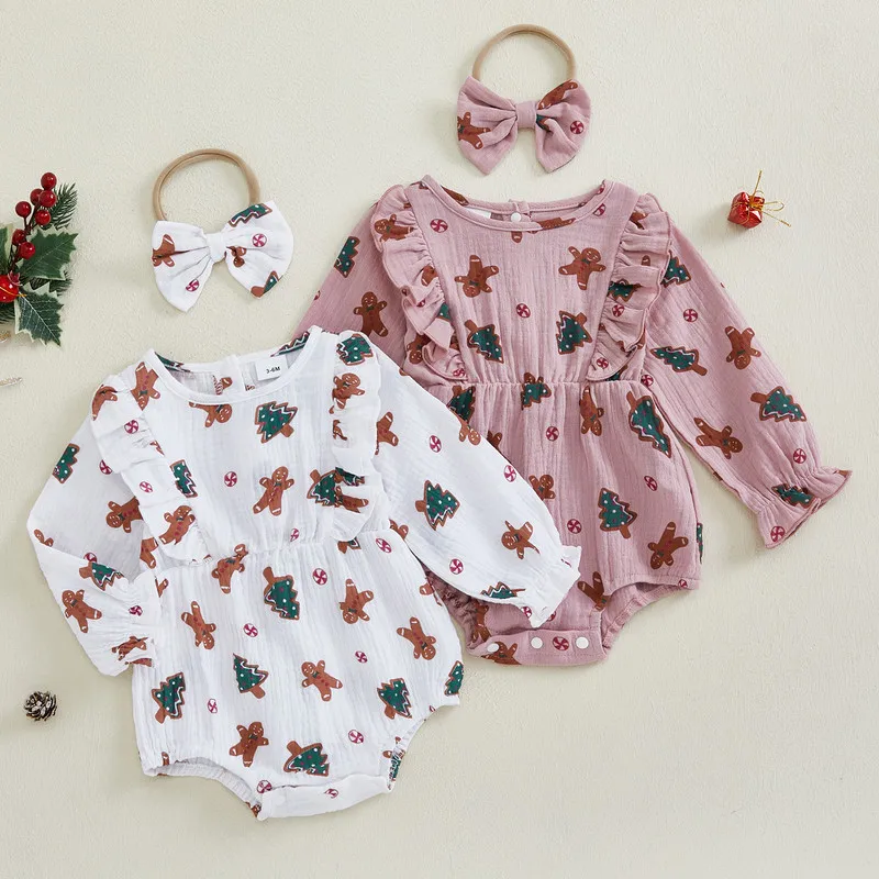 0 to 18 Months Christmas Baby Girls Bodysuit Gingerbread Tree Print Long Sleeve Jumpsuits and Cute Headband Set