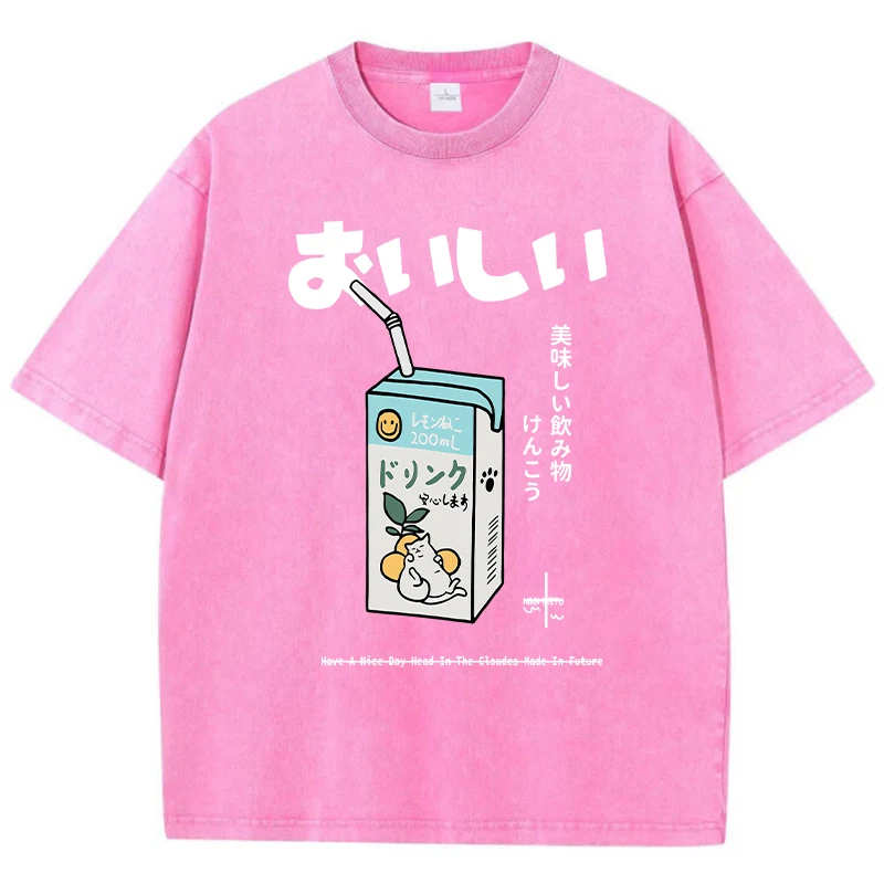 Casual Women Cotton Washed T-Shirt Cartoon Drink Pattern Printing Short Sleeve Loose O-Neck Tee Shirt Vintage Female Clothes