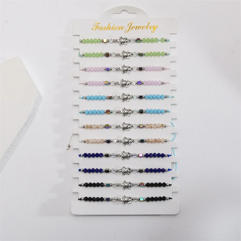 12pcs/set Colorful Beads  Bracelet Set For Women Men Alloy Turtle Charms Rope Braided Adjustable Bracelet Set Bulk Jewelry Gifts