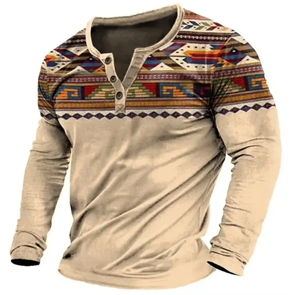 Ethnic Style 3D Print Henley Shirts Men's Fashion Streetwear Vintage Button-Down Long Sleeve T Shirt Man Male Tees Tops Clothing