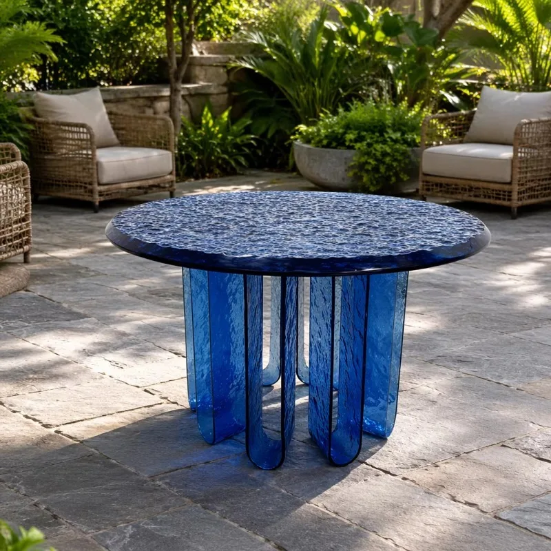 Artistic Round Blue Acrylic Coffee Table Water-Resistant Side Table Water Ripple Textured Top Living Room Studio Center Table