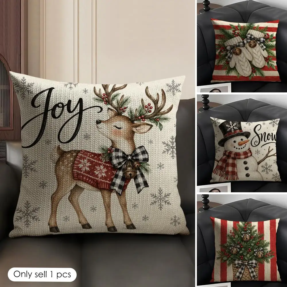 Christmas Winter Country Illustrations Natural Linen Cushion Cover Double-Sided Print Sofa Pillowcase Home Decor Gift