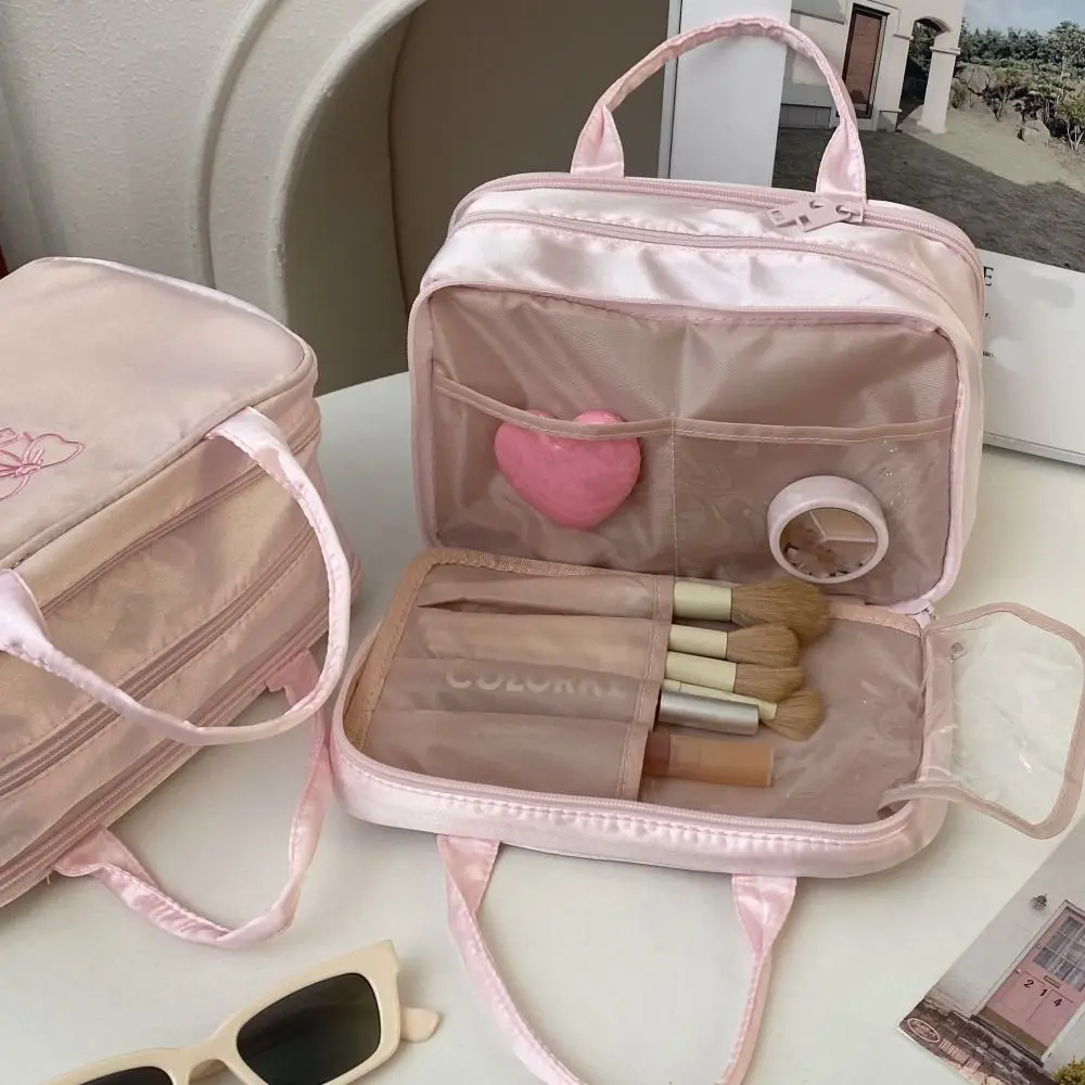 

Makeup Pocket Large Capacity Bow Makeup Bag Pink Cloth Toiletries Bag Handbag Skincare Storage Large Cosmetic Bag Girls
