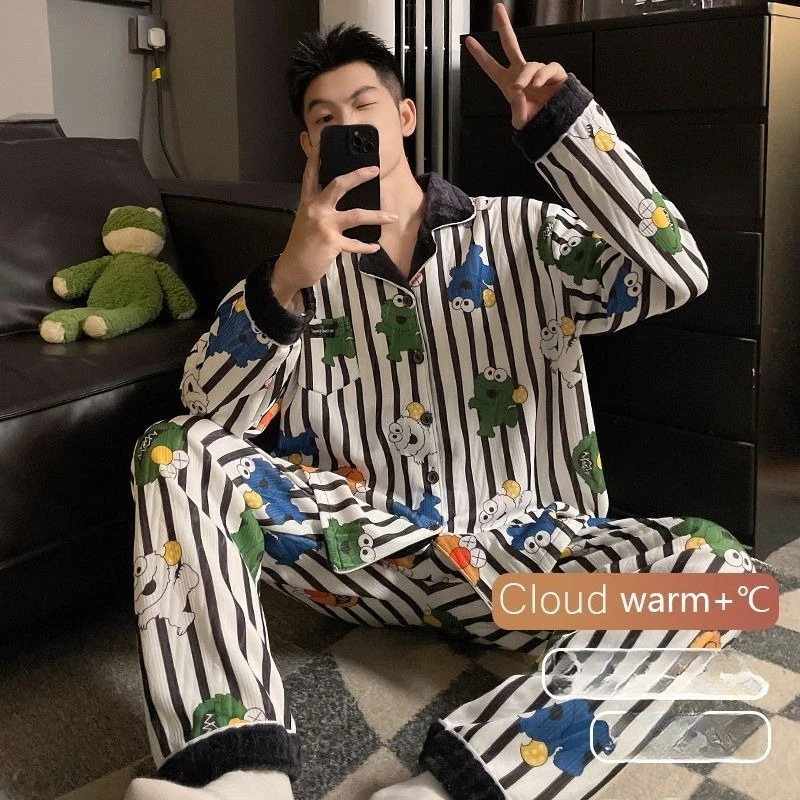 

Winter Plus Size Underwear 145kg Cardigan Sandwich Cotton Men's Pajamas Air Cotton Warm Young and Middle-aged Loungewear Set