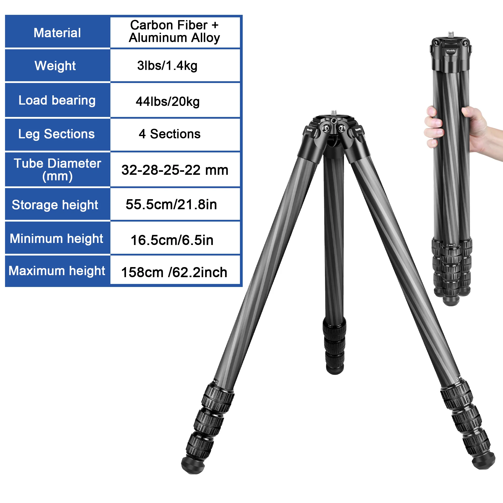 حامل ثلاثي القوائم للصيد من ألياف الكربون شديد التحمل من Manbily لساعة الطيور الخارجية DSLR أقصى تحميل 20 كجم، WZ-324PA بدون رأس كروي