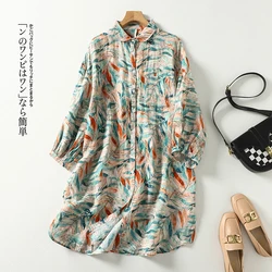 Floral Printing Linen Vintage Turn-Down Collar Single Breasted Women's Blouse Shirt Korean Fashion X-Long Female Clothing Autumn