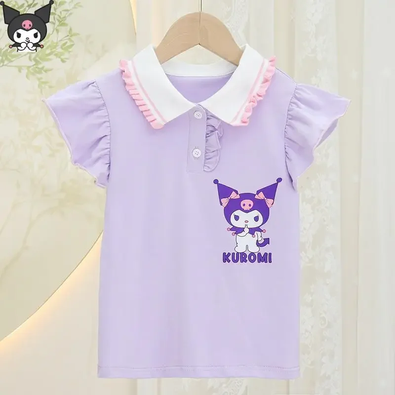 

Kuromi Cinnamoroll Girls Little Flying Sleeve T Shirt My Melody Anime Kawaii Cartoon Sanrio Lace Lapel Short Sleeve Summer Soft