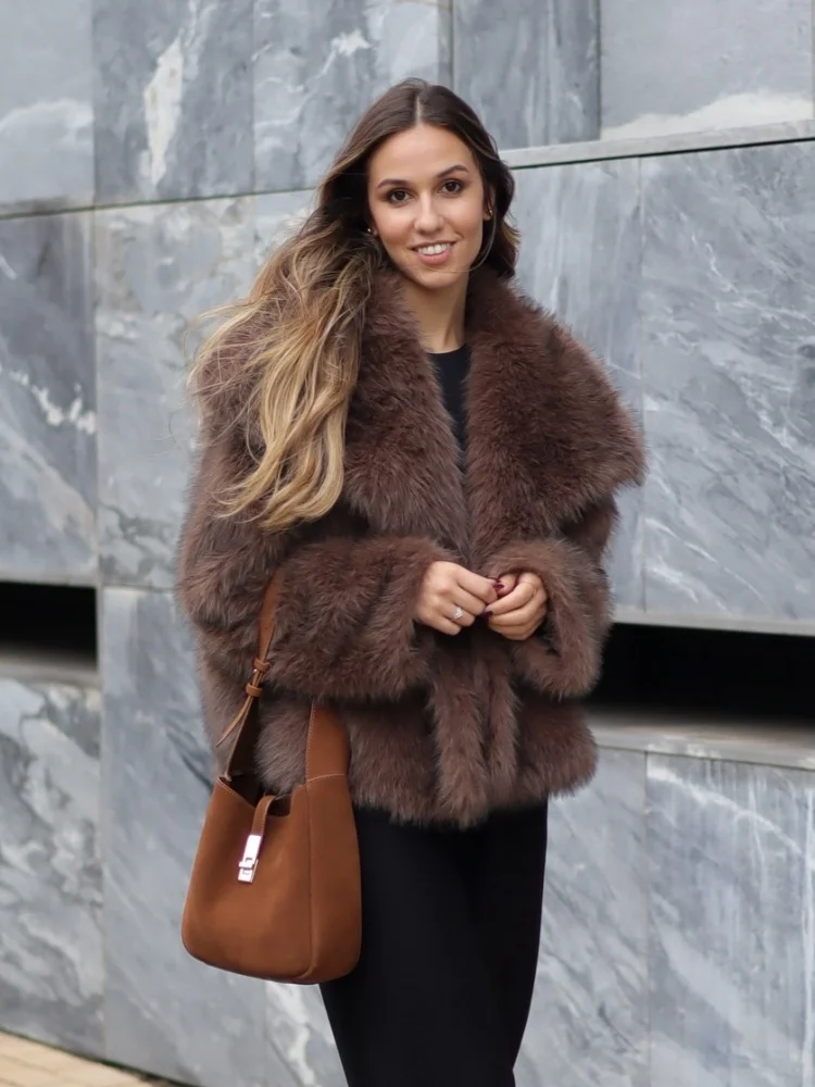 Brown Fluffy Faux Fur Lapel Coat Women Fashion Smooth Soft Warm Long Sleeves Short Jacket Autumn Winter New Lady Street Outwear