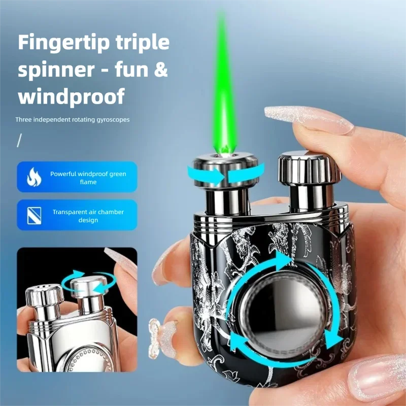 Rotating Stress‑Relief Gyro Windproof Inflatable Lighter, Type Direct Jet Green Flame Lighter, Triple‑Rotation Creative Gift
