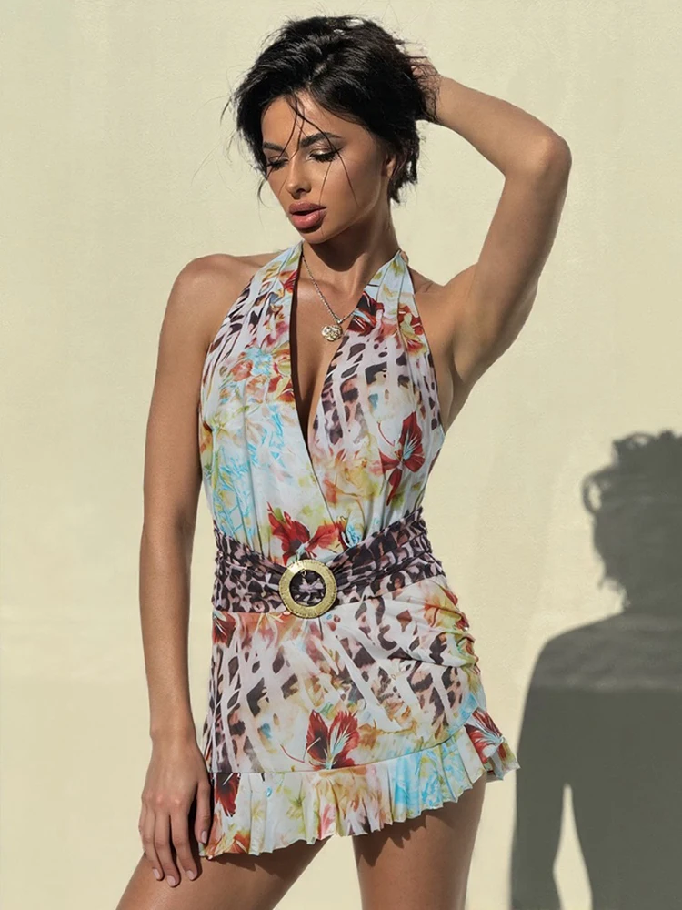 Weird Puss Leopard Print Halter Dress Women Irregular Hem Midnight Sexy Backless Deep V-Neck Skinny Stretch Bodycon Clubwear