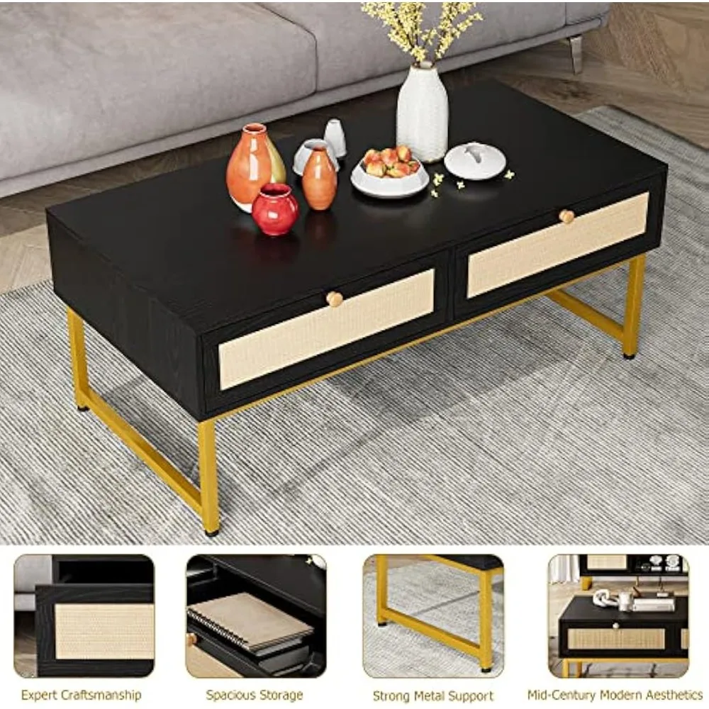 Coffee Table with Hidden Compartment and Storage Shelf, 45.66 Inch Coffee Table with Sliding PE Rattan Woven Door Panel and Sol