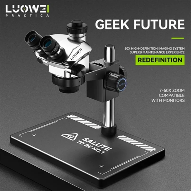 LUOWEI Geek Future Series LW-TR02-B3TV 7-50x Continuous Zoom Trinocular HD Microscope with Base for Mobile Phone Welding Repair