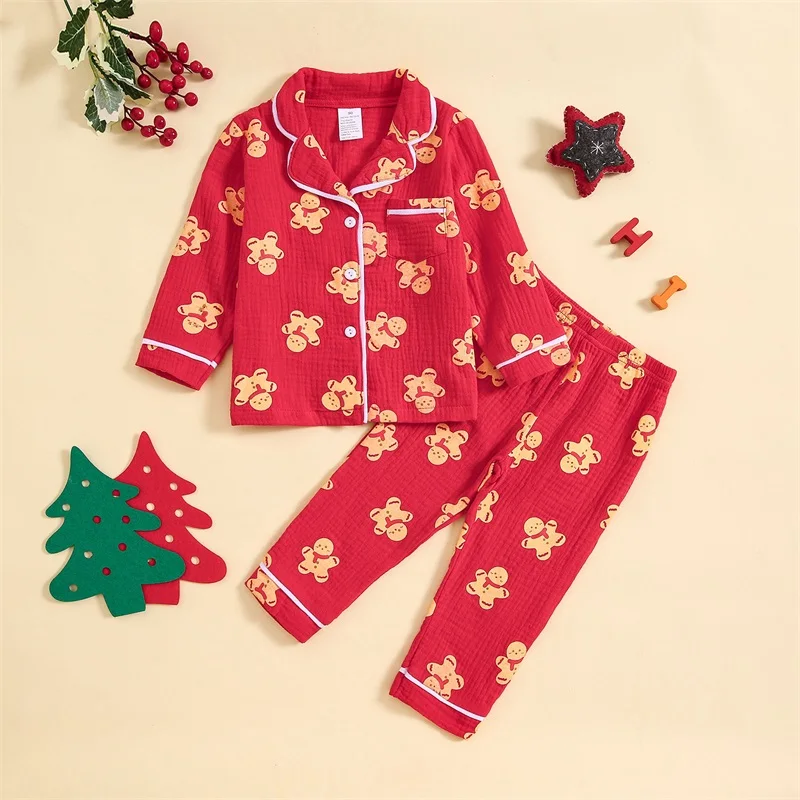 Kids Toddler Christmas Pajamas Girls Boys Gingerbread Print Long Sleeve Tops Pants Set Cotton Linen Sleepwear Suit