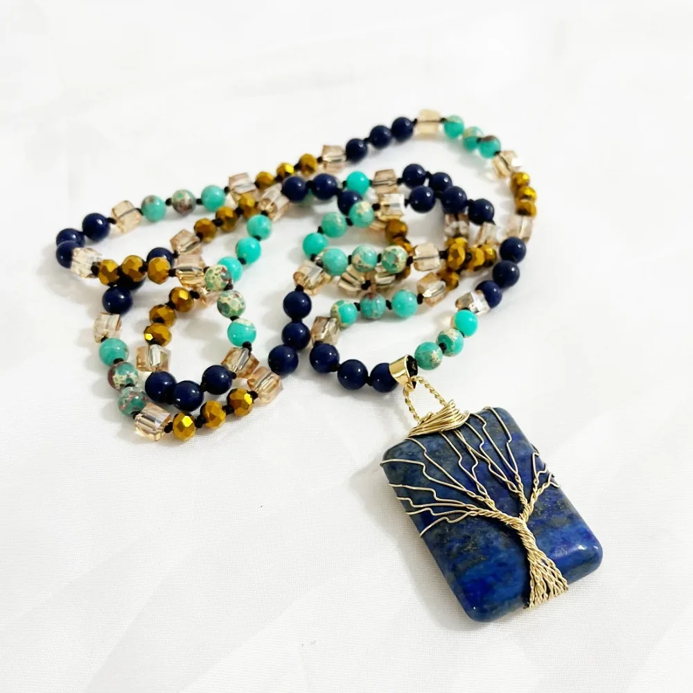 Vintage Ethnic Style Natural Stone Bead Knotted Necklace with Hand Wound Blue Crystal Stone Rectangular Pendant Women's Jewelry