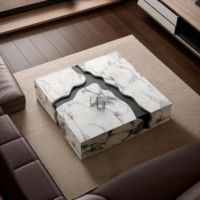 Italian Marble Coffee Table, Designer River Shape Natural Calacatta Viola Stone Coffee Table for Modern Living Room Home Decor
